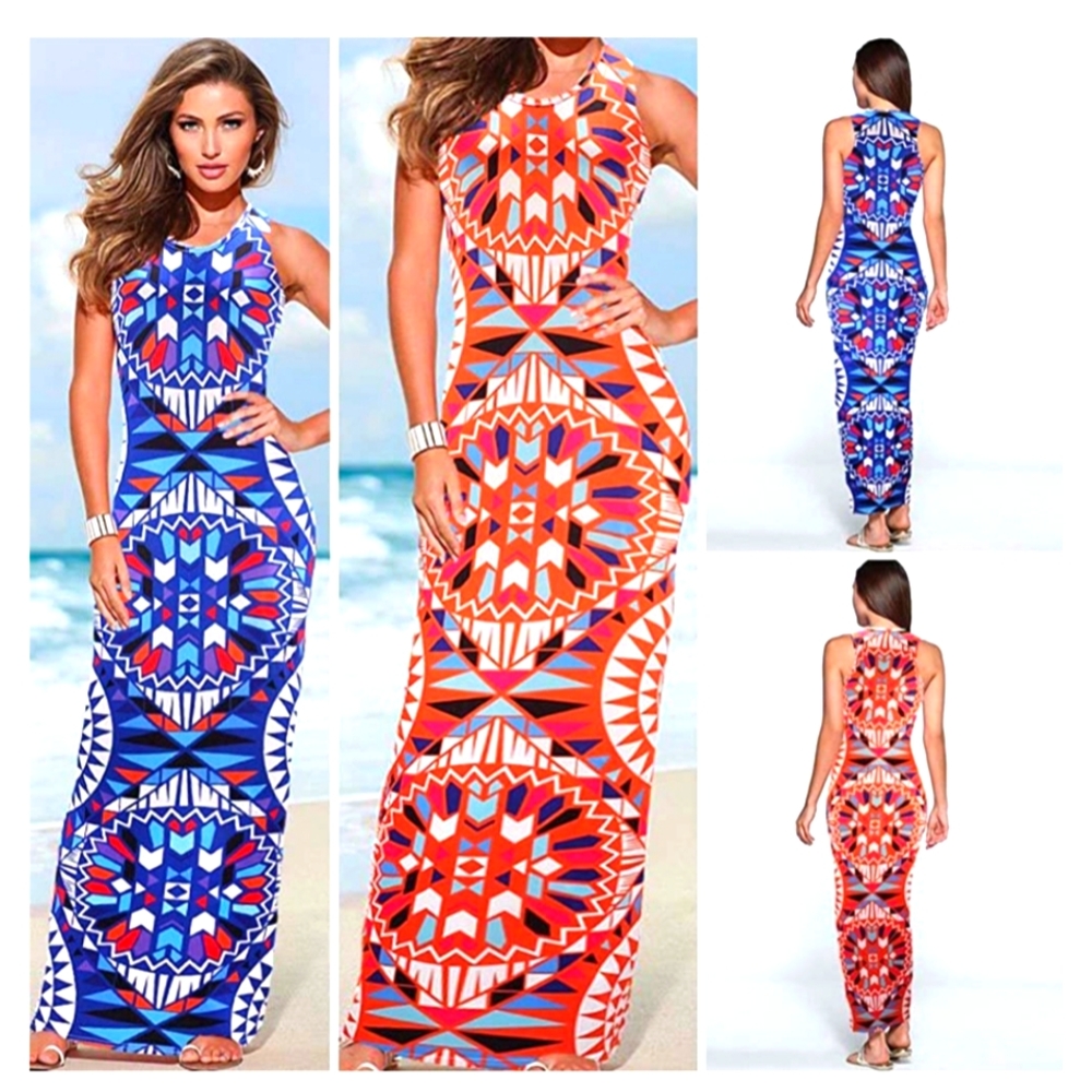 BOHEMIAN MAXI DRESS BY VENUS SIZE LARGE FUN PRINT ORANGE BLUE WHITE TURQUOISE
